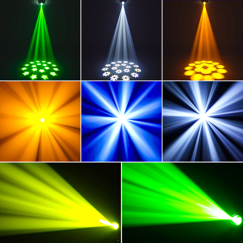 120W moving head DJ light with rotating Gobos (8-facet prism), 7 colors plus on/off white LED beam light, activated by sound and DMX control, for stage lighting, weddings, Halloween, Christmas, churches, live performances