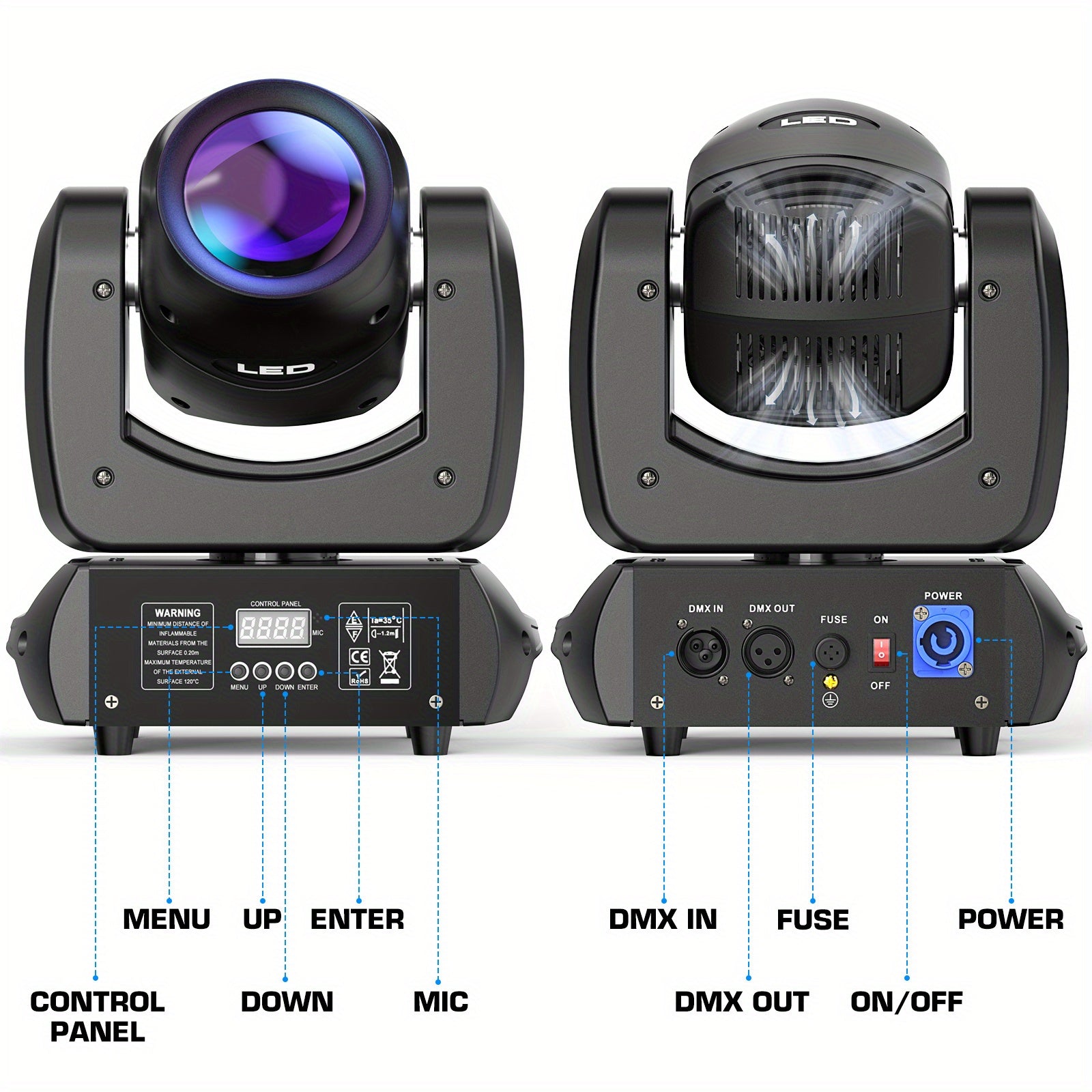 120W moving head DJ light with rotating Gobos (8-facet prism), 7 colors plus on/off white LED beam light, activated by sound and DMX control, for stage lighting, weddings, Halloween, Christmas, churches, live performances