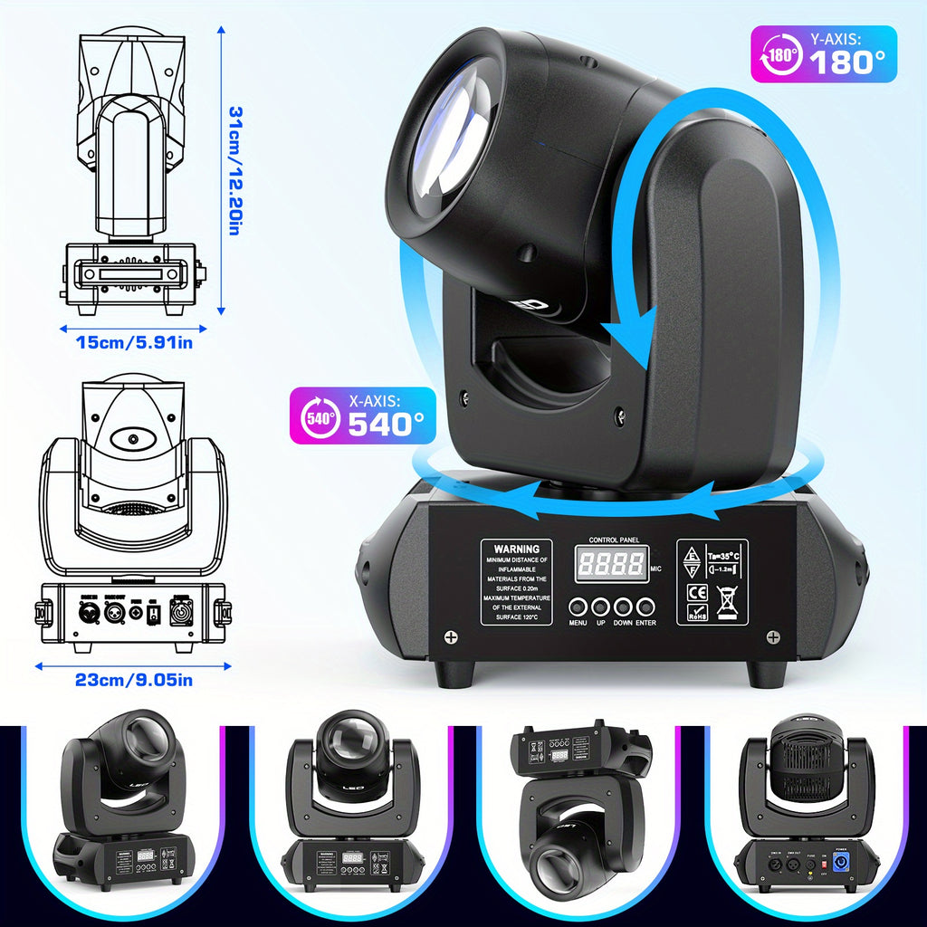 120W moving head DJ light with rotating Gobos (8-facet prism), 7 colors plus on/off white LED beam light, activated by sound and DMX control, for stage lighting, weddings, Halloween, Christmas, churches, live performances