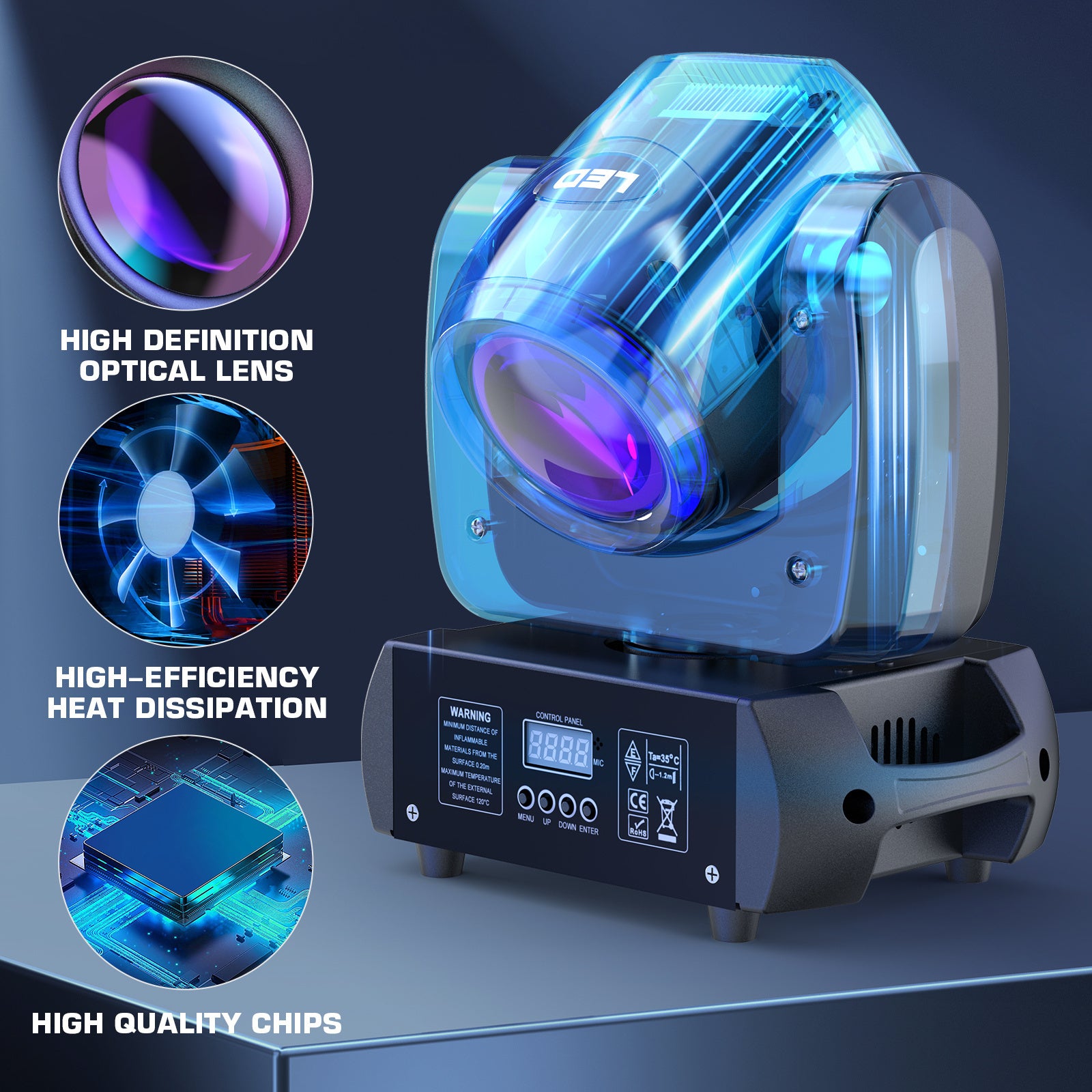 100W moving head DJ light with rotating gobo (8-facet prism), 7 colors plus on/off white light LED beam spotlight, controlled by sound and DMX, suitable for stage lighting, weddings, churches, live performances