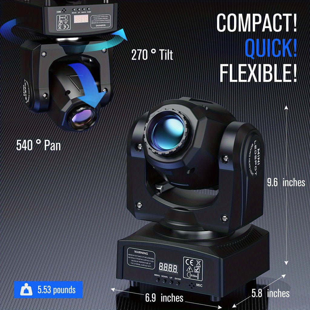 Moving head light 30W DJ lighting stage light, with 8 colors and 8 Gobos spotlights, sound-activated and DMX512 controlled LED strobe light, for disco ball, bars, weddings, parties, Christmas