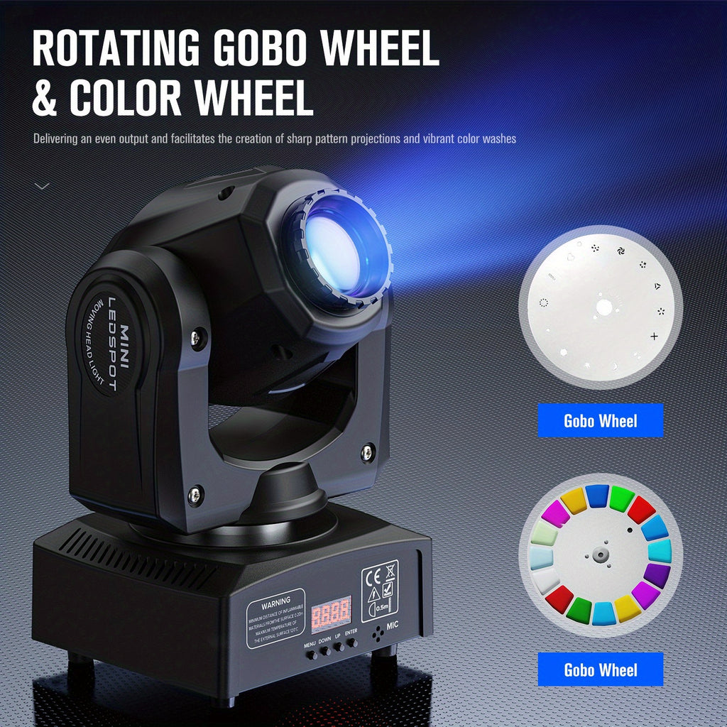 Moving head light 30W DJ lighting stage light, with 8 colors and 8 Gobos spotlights, sound-activated and DMX512 controlled LED strobe light, for disco ball, bars, weddings, parties, Christmas