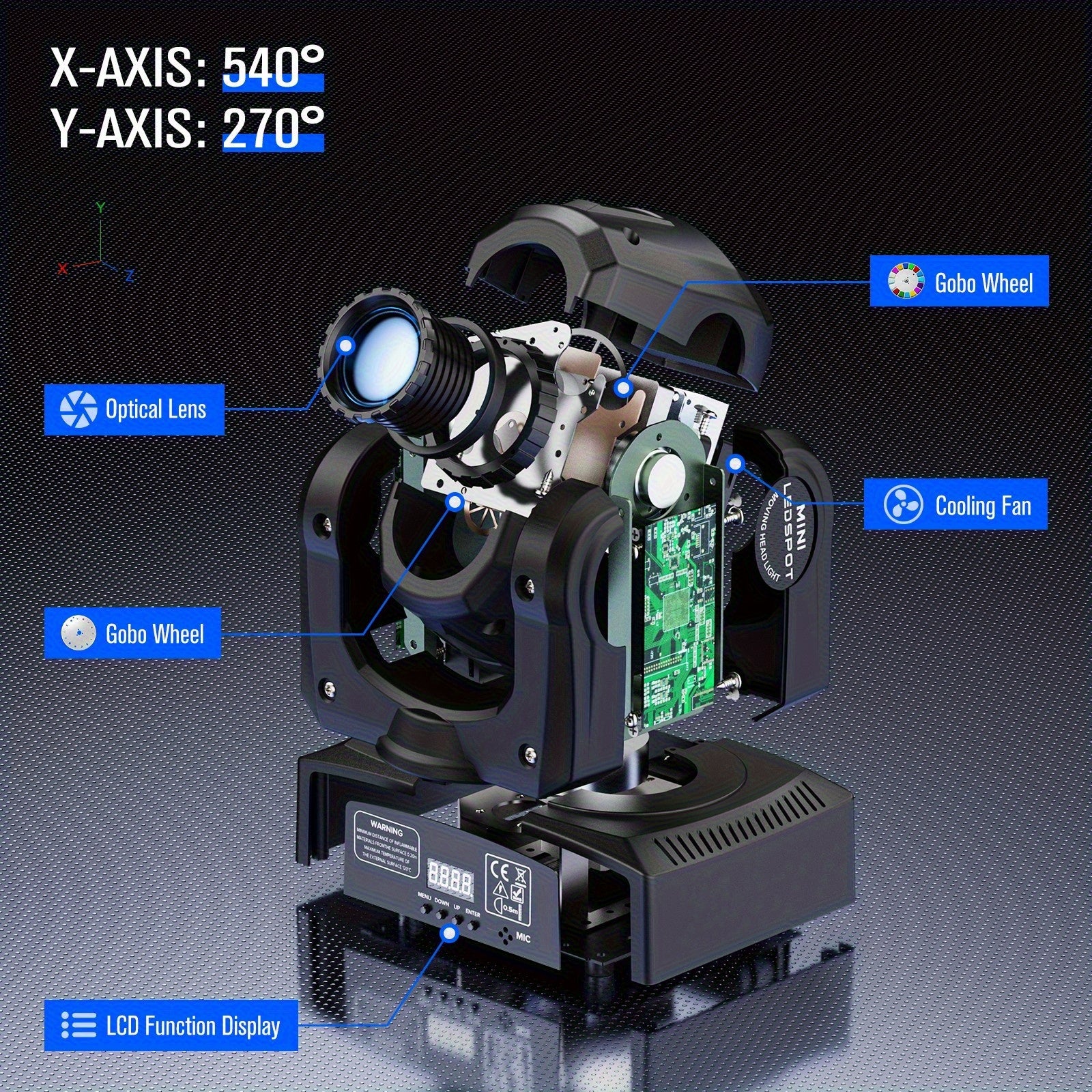 Moving head light 30W DJ lighting stage light, with 8 colors and 8 Gobos spotlights, sound-activated and DMX512 controlled LED strobe light, for disco ball, bars, weddings, parties, Christmas