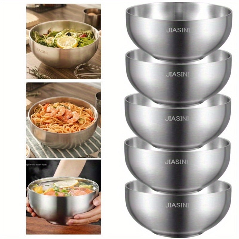 5pcs Large Double-Layer Stainless Steel Bowl, Noodle Bowl, Double-Layer Heat Insulation Anti-Scald, Home Rice & Soup Bowl, Large Caliber Deep Large Capacity Bowl