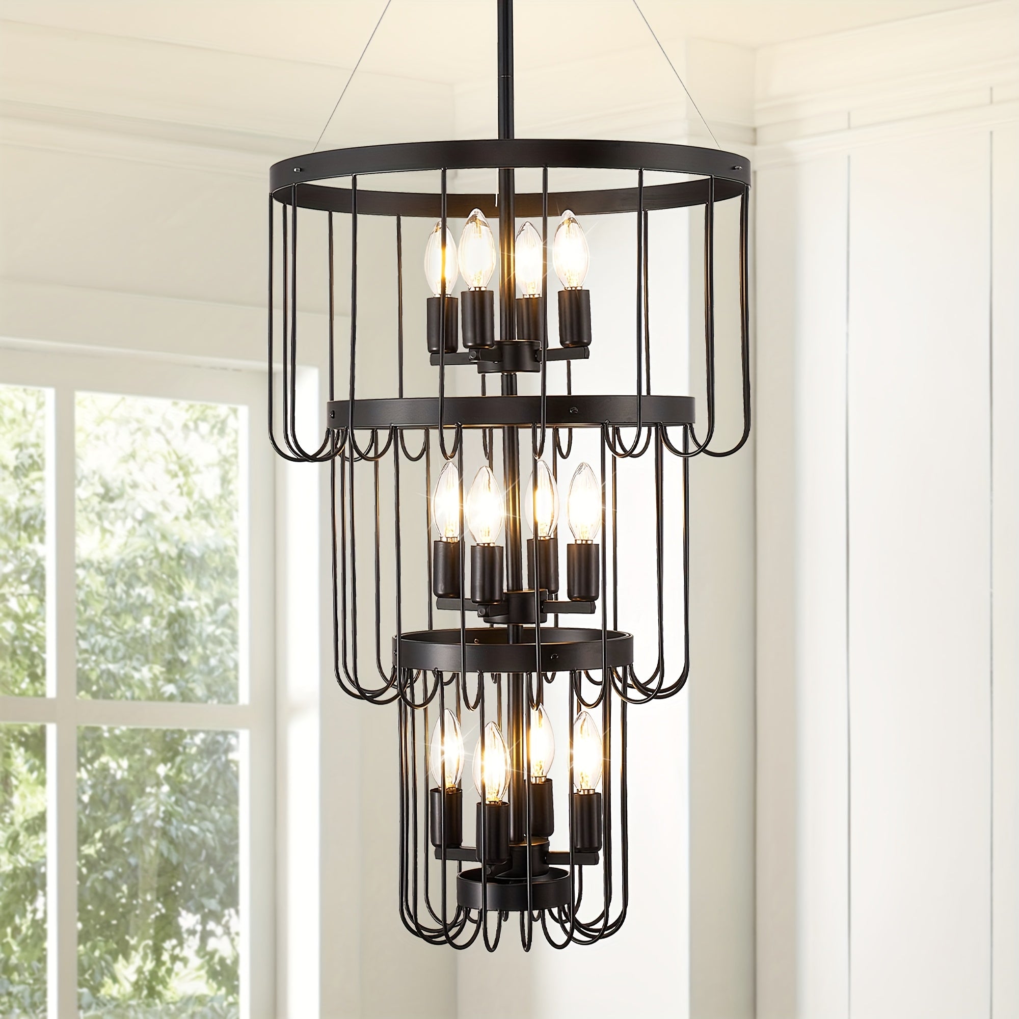 Farmhouse lighting lantern trapezoidal pendant light, modern hall lighting fixture, large chandelier for entryway, high ceiling
