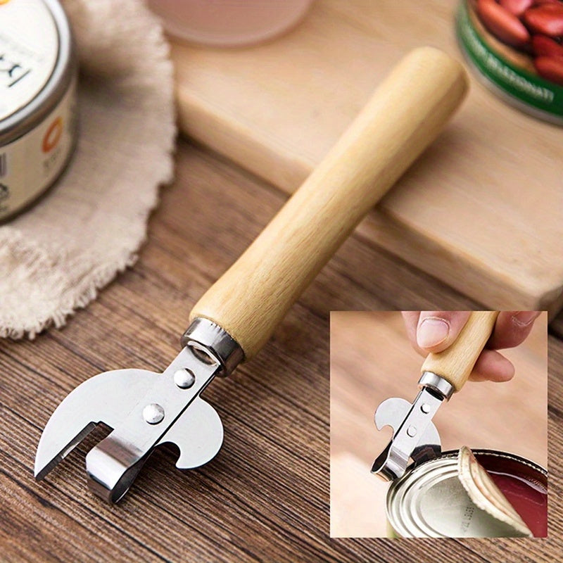 1 Premium Stainless Steel Can Opener – Non-Slip Wooden Handle, Easy Grip, Safe & Effort-Saving, Manual Bottle & Can Opener for Kitchen, Restaurant, Bar, Camping, Picnic