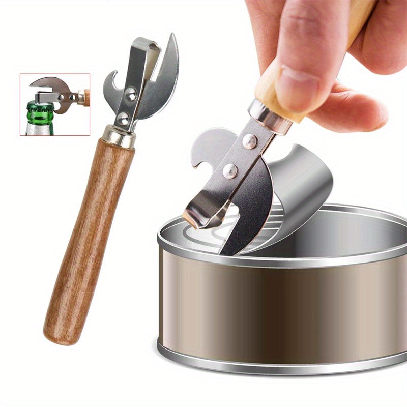 1 Piece Non-Slip Wooden Handle Effort-Saving Stainless Steel Can Opener – Manual Safe Bottle Opener Kitchen Tool for Home Kitchen, Restaurant, Bar, Camping, Outdoor – Father's Day Gift, Mother's Day Gift, Housewarming Gift, Christmas Gift