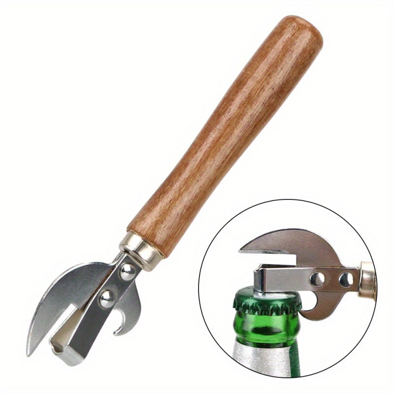 1 Premium Stainless Steel Can Opener – Non-Slip Wooden Handle, Easy Grip, Safe & Effort-Saving, Manual Bottle & Can Opener for Kitchen, Restaurant, Bar, Camping, Picnic