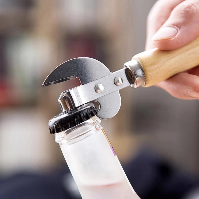1 Premium Stainless Steel Can Opener – Non-Slip Wooden Handle, Easy Grip, Safe & Effort-Saving, Manual Bottle & Can Opener for Kitchen, Restaurant, Bar, Camping, Picnic