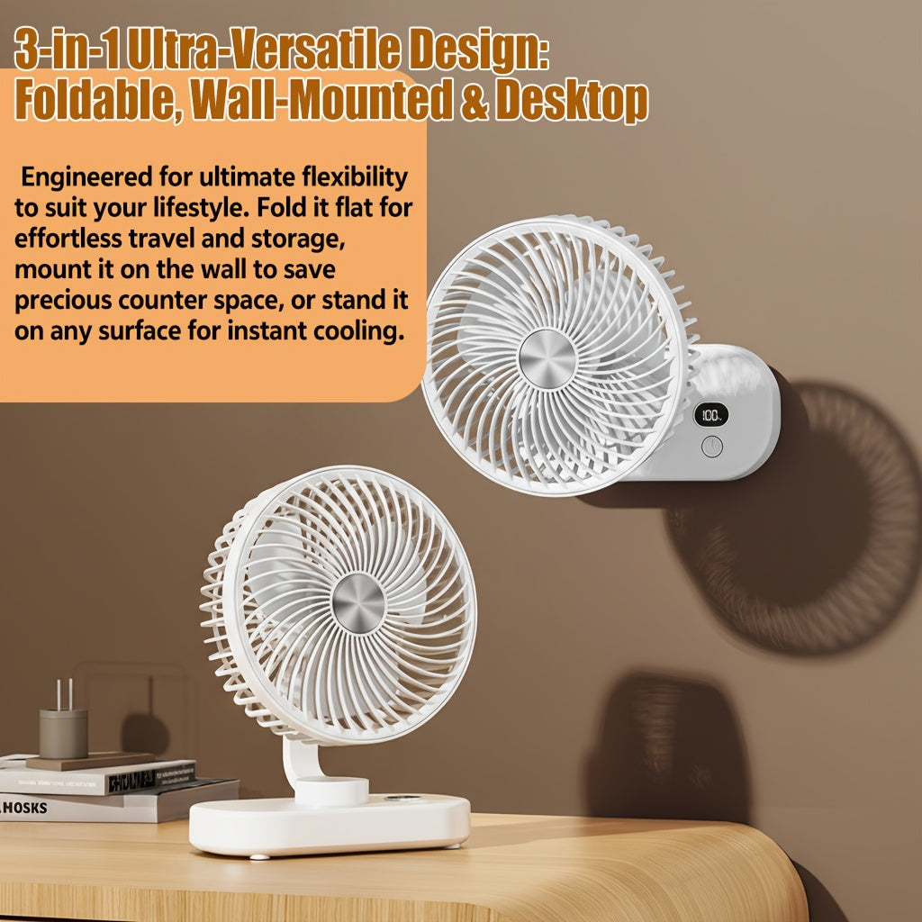 USB Rechargeable Desktop Fan, Portable Wall Mounted Air Circulator, 5 Speed Levels, 360° Adjustable Angle, LED Smart Display, Dual Use Desktop & Wall Mount, Quiet Circulation Fan Essential for Home Office Kitchen Outdoor