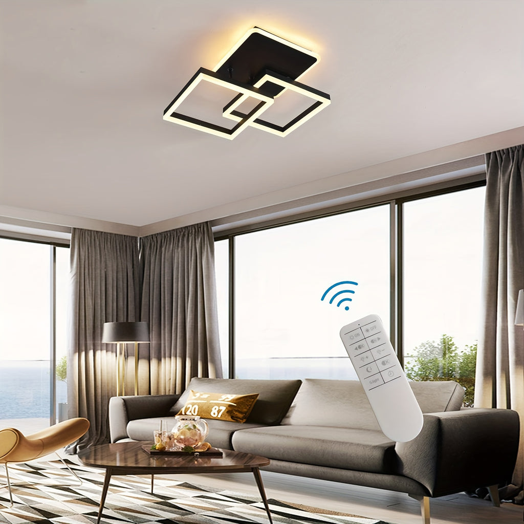 Qcyuui 黑色 25" LED 吸顶灯，现代方形吸顶灯，带可调光遥控器，适用于卧室、厨房和办公室的嵌入式安装