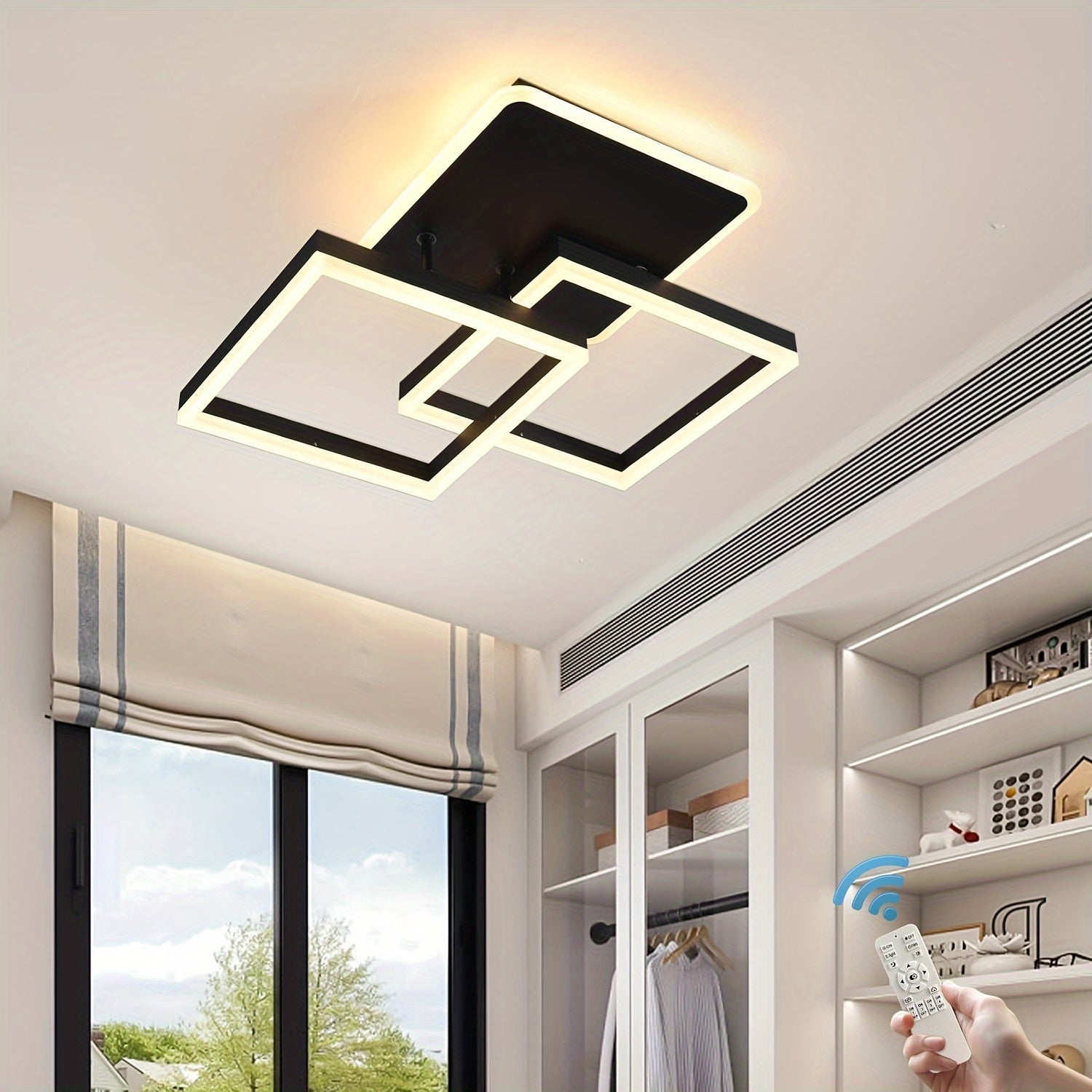 Qcyuui 黑色 25" LED 吸顶灯，现代方形吸顶灯，带可调光遥控器，适用于卧室、厨房和办公室的嵌入式安装