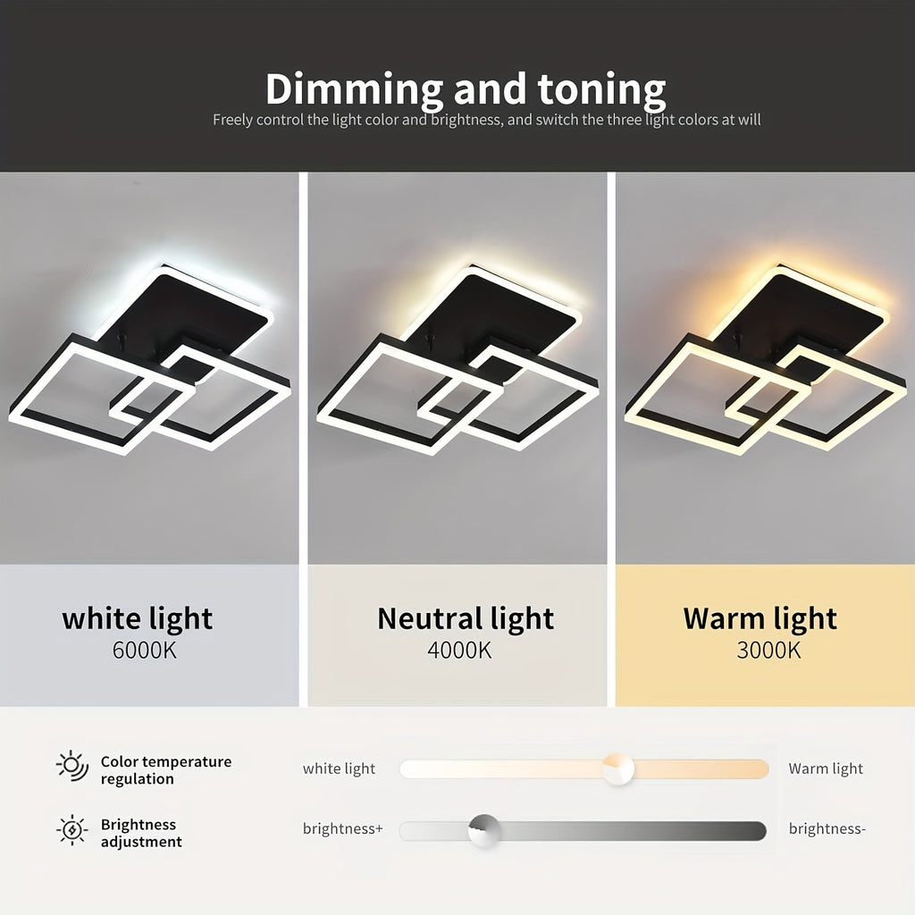 Qcyuui 黑色 25" LED 吸顶灯，现代方形吸顶灯，带可调光遥控器，适用于卧室、厨房和办公室的嵌入式安装