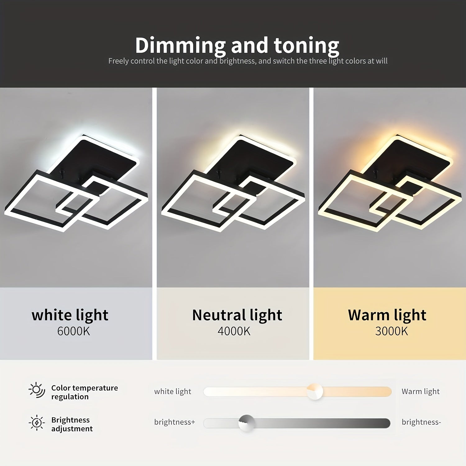 Qcyuui 黑色 25" LED 吸顶灯，现代方形吸顶灯，带可调光遥控器，适用于卧室、厨房和办公室的嵌入式安装