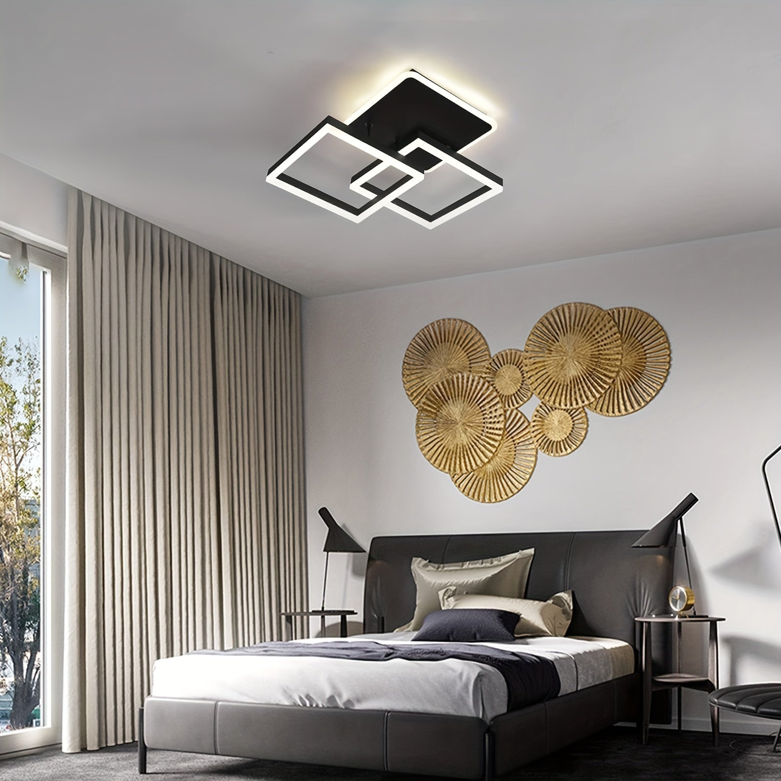Qcyuui 黑色 25" LED 吸顶灯，现代方形吸顶灯，带可调光遥控器，适用于卧室、厨房和办公室的嵌入式安装