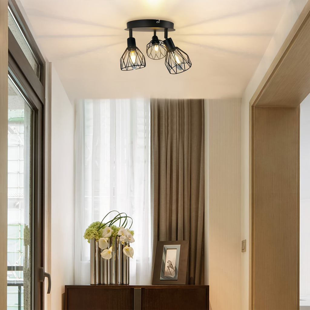 Qcyuui industrial modern 3-light ceiling fixture - semi-flush mount lighting with adjustable directional heads, heavy-duty metal construction, suitable for farmhouse, dining room, hallway, bedroom, kitchen island