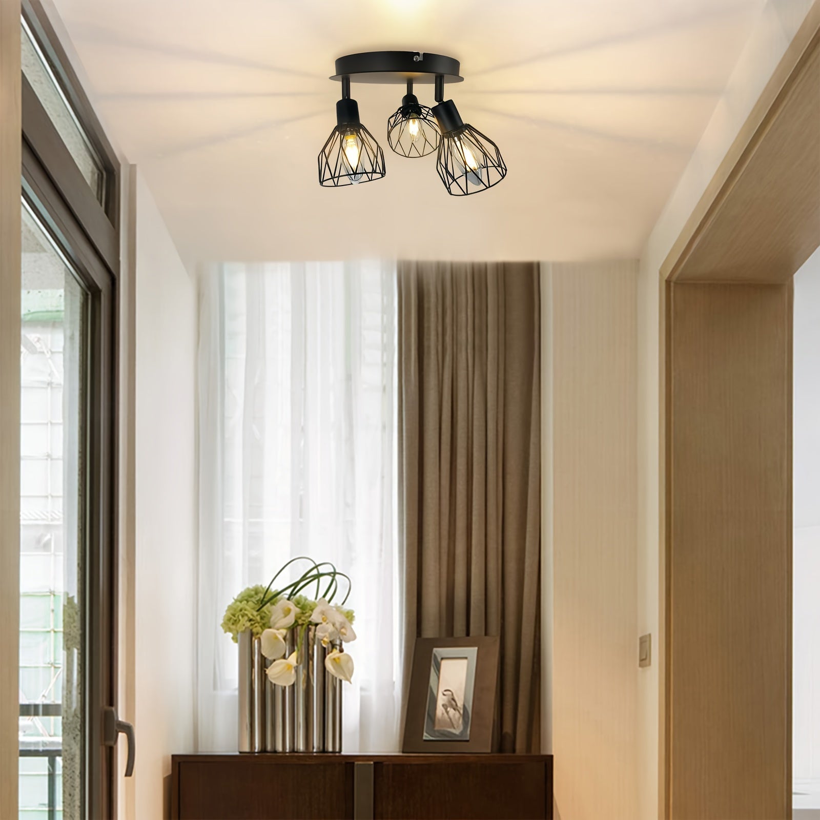 Qcyuui industrial modern 3-light ceiling fixture - semi-flush mount lighting with adjustable directional heads, heavy-duty metal construction, suitable for farmhouse, dining room, hallway, bedroom, kitchen island