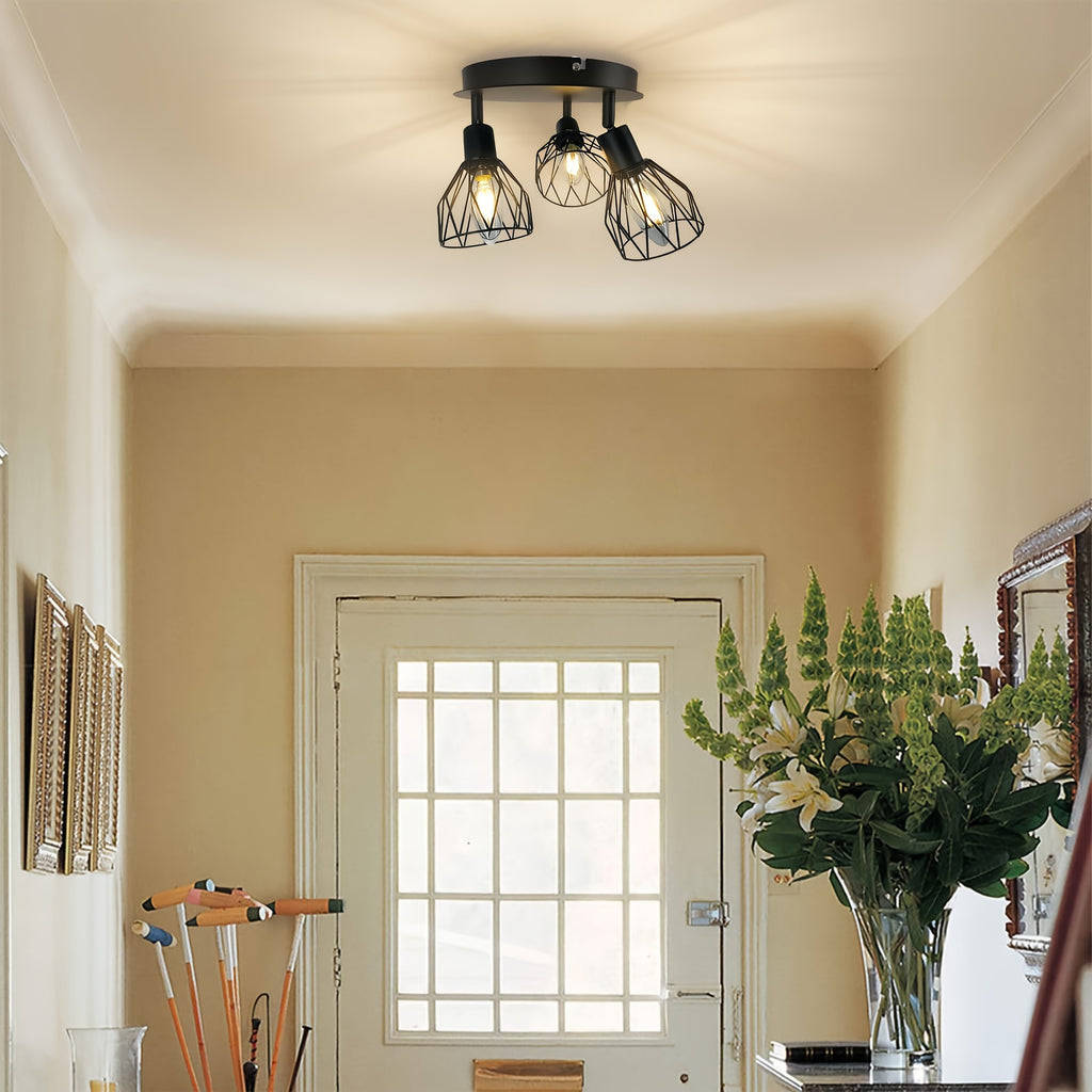 Qcyuui industrial modern 3-light ceiling fixture - semi-flush mount lighting with adjustable directional heads, heavy-duty metal construction, suitable for farmhouse, dining room, hallway, bedroom, kitchen island