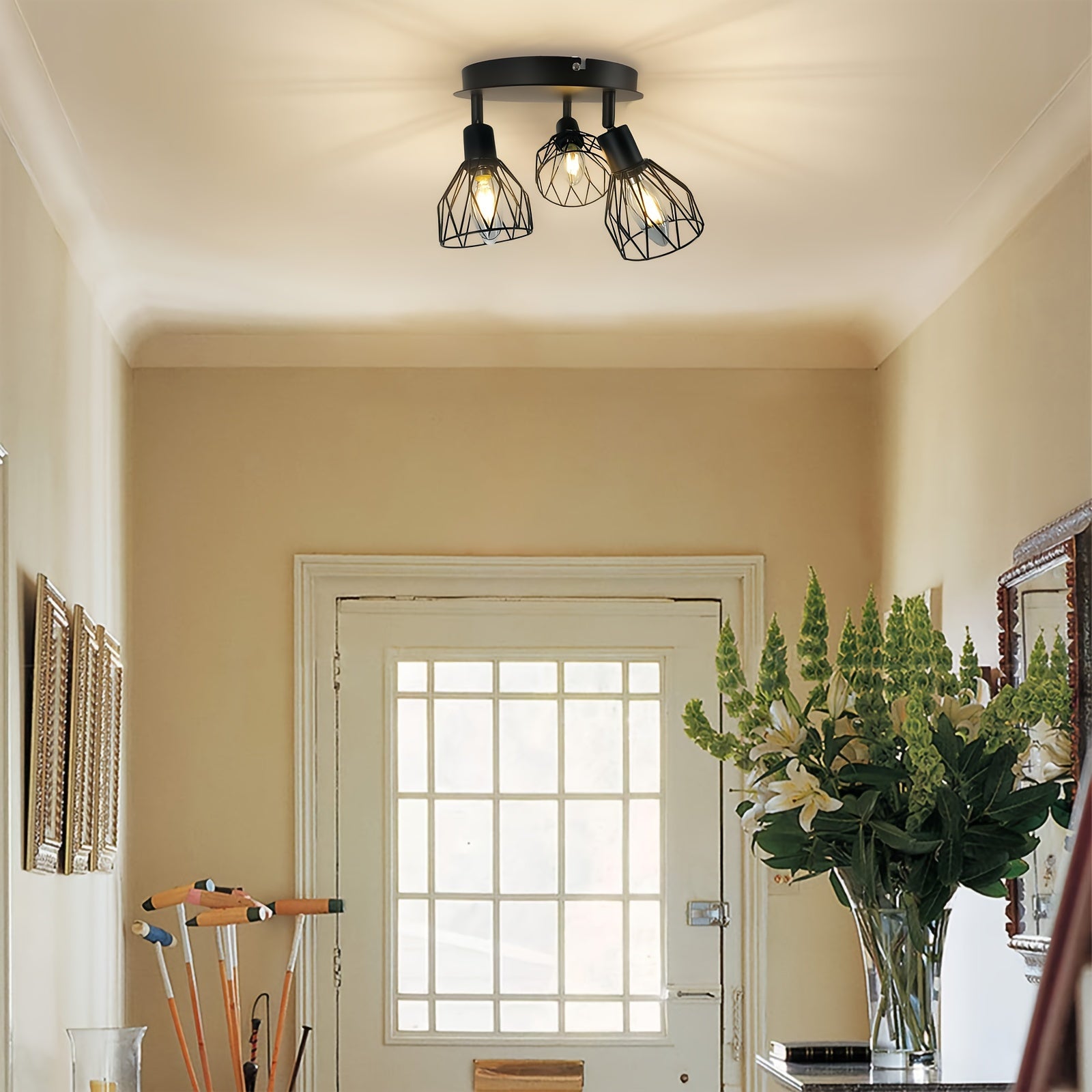 Qcyuui industrial modern 3-light ceiling fixture - semi-flush mount lighting with adjustable directional heads, heavy-duty metal construction, suitable for farmhouse, dining room, hallway, bedroom, kitchen island