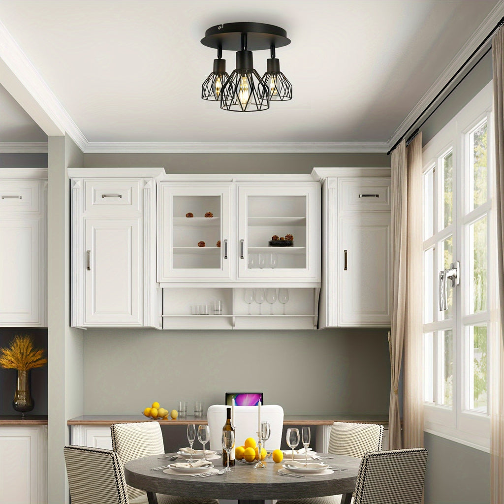 Qcyuui industrial modern 3-light ceiling fixture - semi-flush mount lighting with adjustable directional heads, heavy-duty metal construction, suitable for farmhouse, dining room, hallway, bedroom, kitchen island