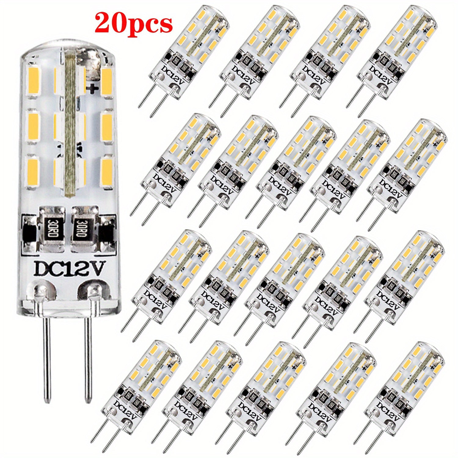 20-pack G4 LED bulb, two-pin base, 1.5W 12V DC, 10W-20W T3 halogen replacement, 360° beam angle, 3 color temperatures (3000K/4000K/7000K), energy-saving home use, under-cabinet lighting, landscape lighting