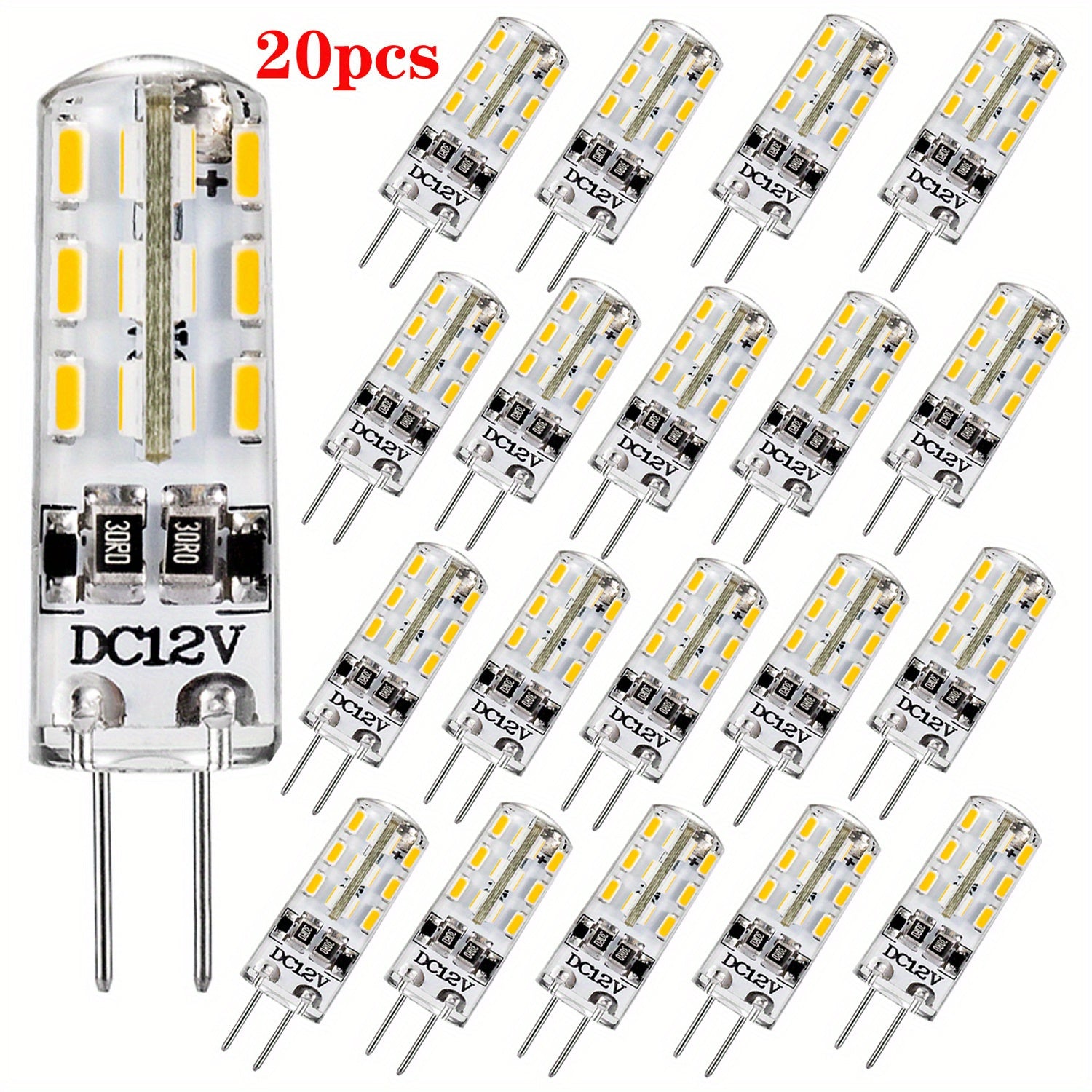 20-pack G4 LED bulb, two-pin base, 1.5W 12V DC, 10W-20W T3 halogen replacement, 360° beam angle, 3 color temperatures (3000K/4000K/7000K), energy-saving home use, under-cabinet lighting, landscape lighting