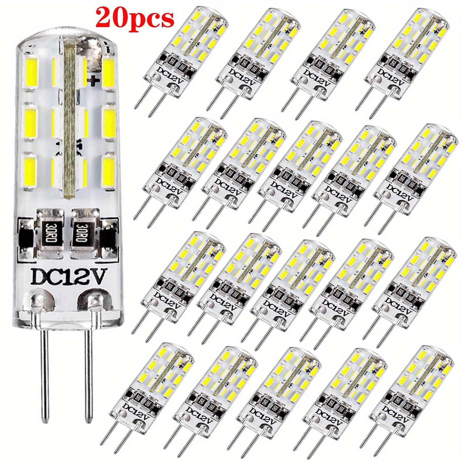 20-pack G4 LED bulb, two-pin base, 1.5W 12V DC, 10W-20W T3 halogen replacement, 360° beam angle, 3 color temperatures (3000K/4000K/7000K), energy-saving home use, under-cabinet lighting, landscape lighting