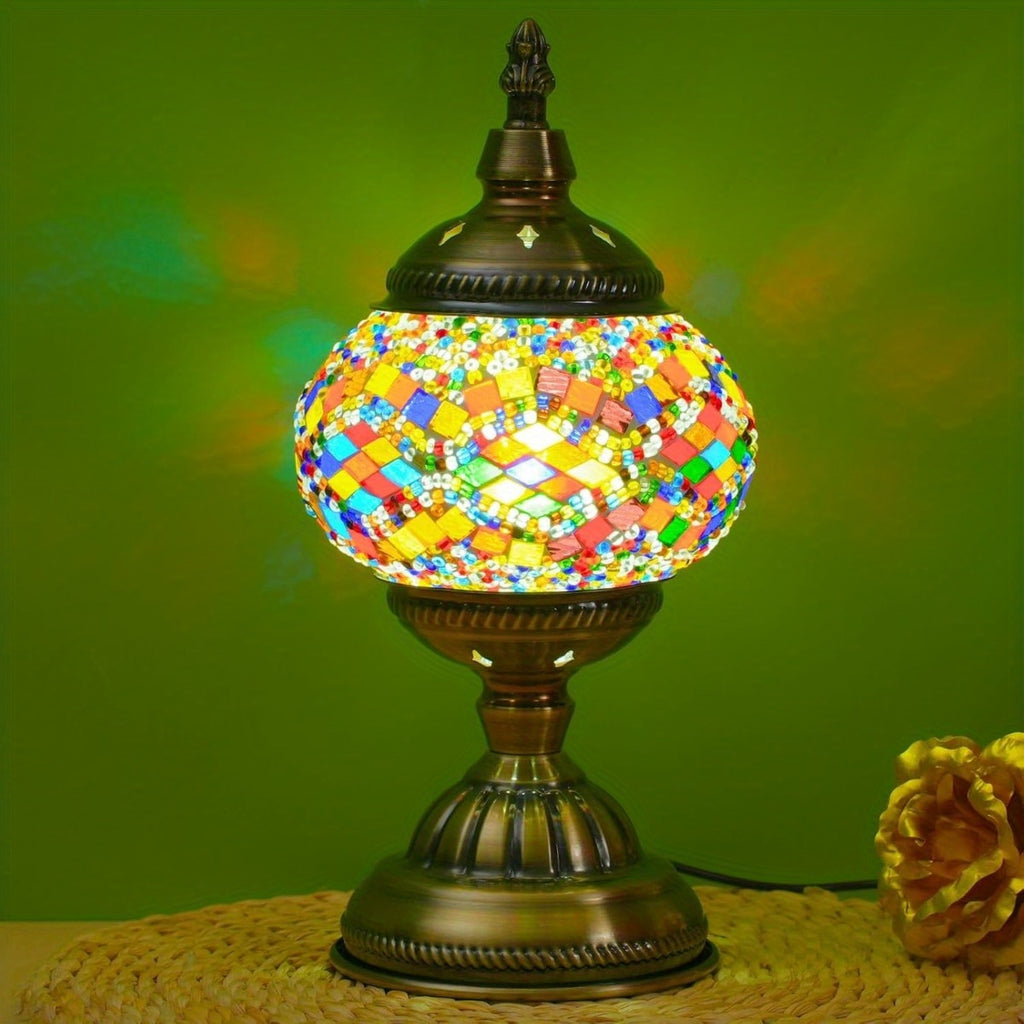 Three-color adjustable handmade Moroccan mosaic table lamp - unique artistic metal base glass bedside night light, bulb included, suitable for bedroom, living room decoration