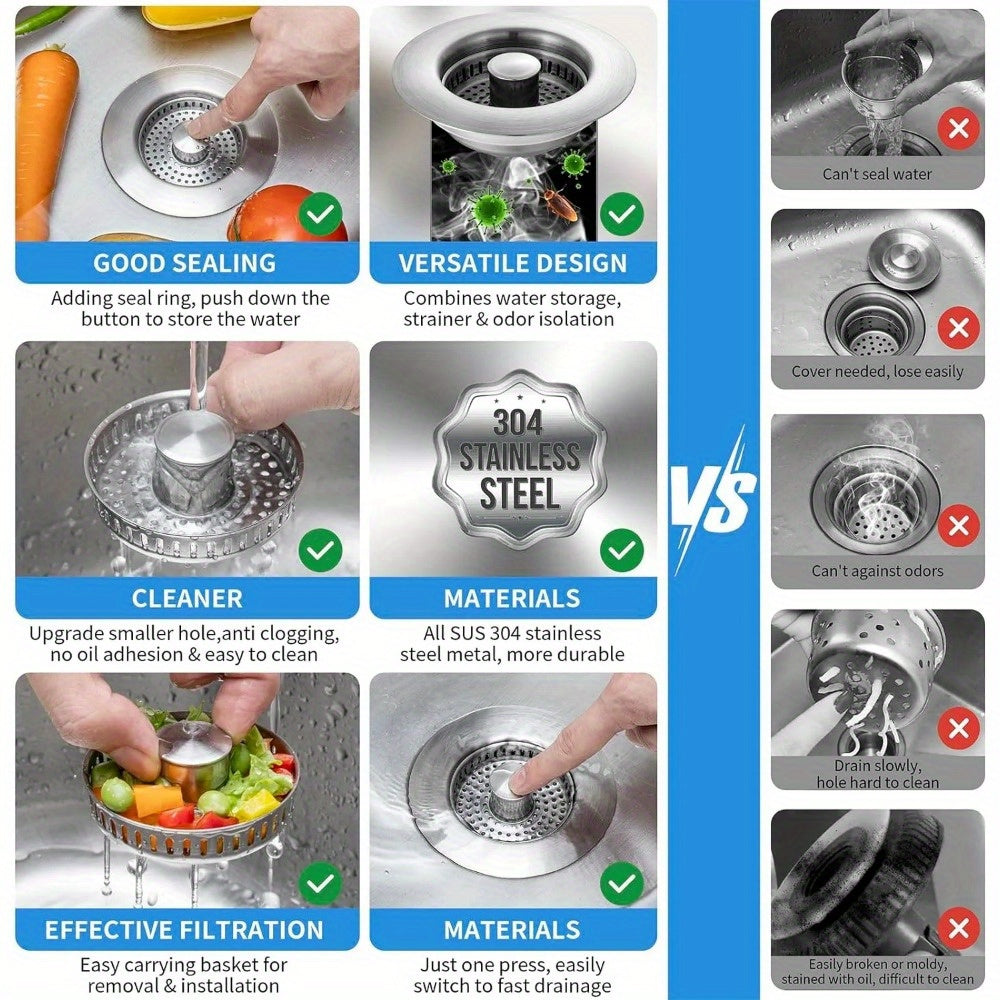 One-piece Formed Stainless Steel Kitchen Sink Strainer - Pop-up Stopper with Anti-clog Basket and Deodorizing Filter, Easy-to-clean Drain Filter, Compatible with US Standard Drain System