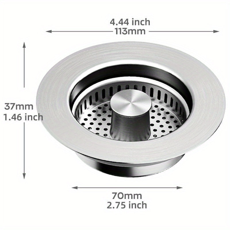 One-piece Formed Stainless Steel Kitchen Sink Strainer - Pop-up Stopper with Anti-clog Basket and Deodorizing Filter, Easy-to-clean Drain Filter, Compatible with US Standard Drain System