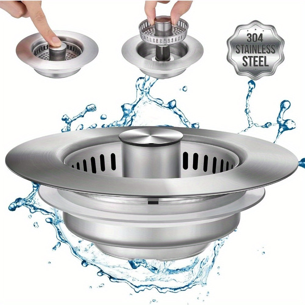 One-piece Formed Stainless Steel Kitchen Sink Strainer - Pop-up Stopper with Anti-clog Basket and Deodorizing Filter, Easy-to-clean Drain Filter, Compatible with US Standard Drain System