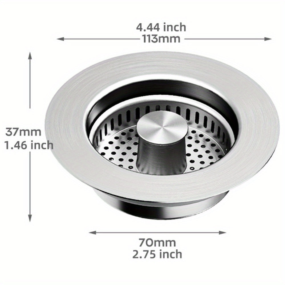 One-piece Formed Stainless Steel Kitchen Sink Strainer - Pop-up Stopper with Anti-clog Basket and Deodorizing Filter, Easy-to-clean Drain Filter, Compatible with US Standard Drain System
