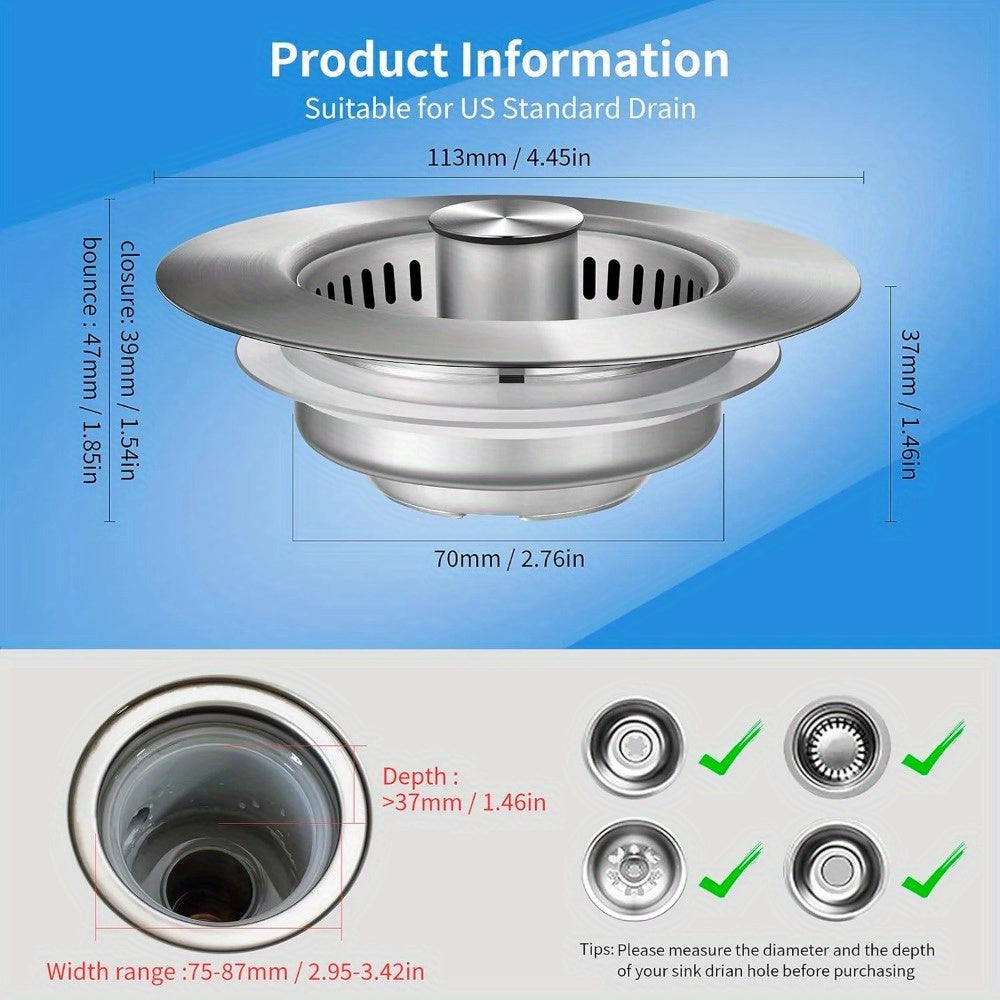 One-piece Formed Stainless Steel Kitchen Sink Strainer - Pop-up Stopper with Anti-clog Basket and Deodorizing Filter, Easy-to-clean Drain Filter, Compatible with US Standard Drain System