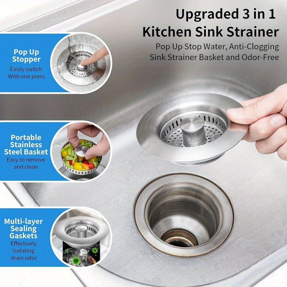 One-piece Formed Stainless Steel Kitchen Sink Strainer - Pop-up Stopper with Anti-clog Basket and Deodorizing Filter, Easy-to-clean Drain Filter, Compatible with US Standard Drain System