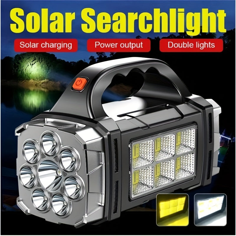 1 Ultimate Ultra-Bright LED Searchlight 2200W - Ultra-Portable, Dual Solar & USB Charging, Visible Beam, Power Bank Flashlight for Outdoor Adventures