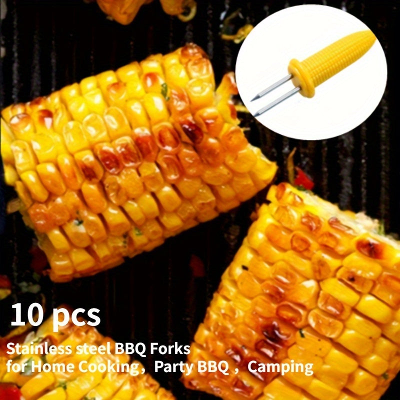 10pcs Steel Corn Holders – Angled Small BBQ Corn Racks, Heat-Resistant Kitchen Accessories, Outdoor Grill Tools, Fruit Forks