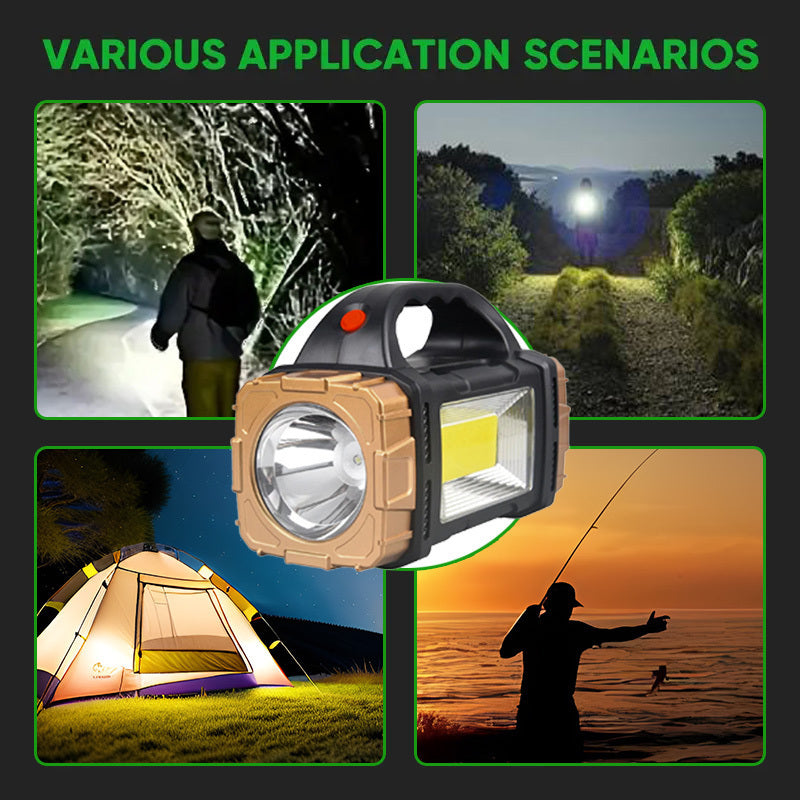 1pc solar multi-functional outdoor flashlight, USB rechargeable LED spotlight, portable COB camping light with side light, suitable for night reading, hiking, mountaineering, fishing, emergency situations