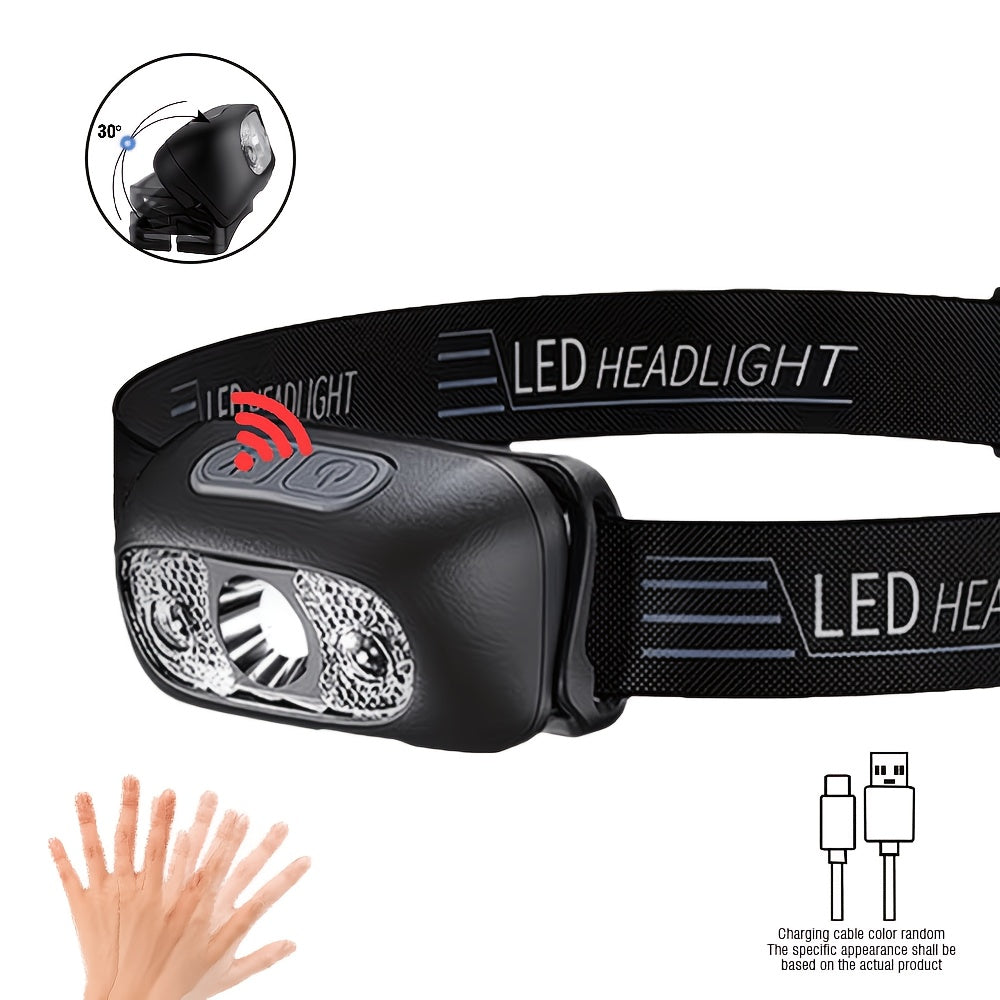 1Pc Rechargeable Fishing Headlamp, Adjustable Angle, Motion Sensor Hands-Free Flashlight, Portable Head Light for Camping, Reading, Running and Barbecue