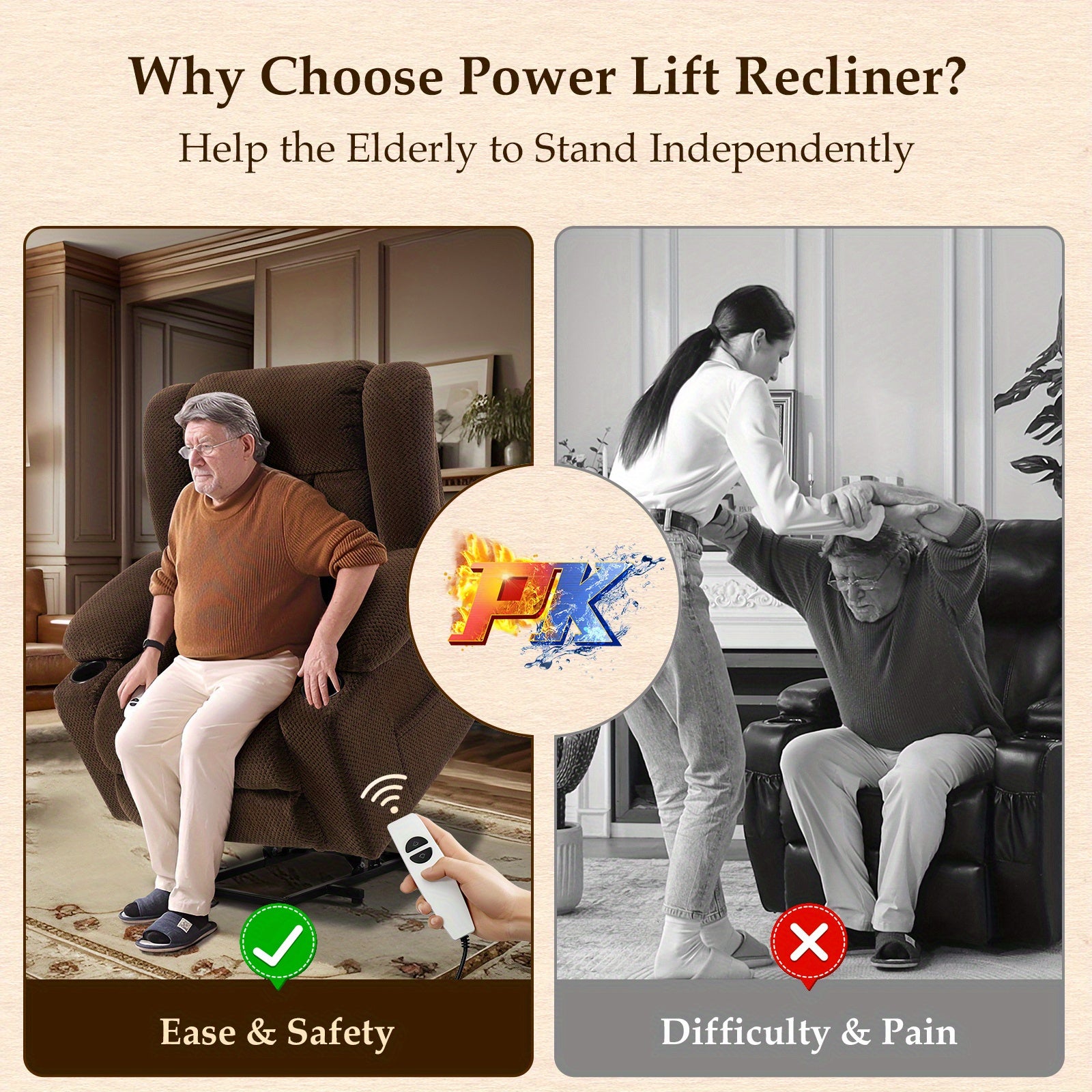 Cfvyne 大功率升降椅老人款，带延长脚踏，加热按摩功能，加大加厚宽大躺椅，3 种位置，柔软法兰绒