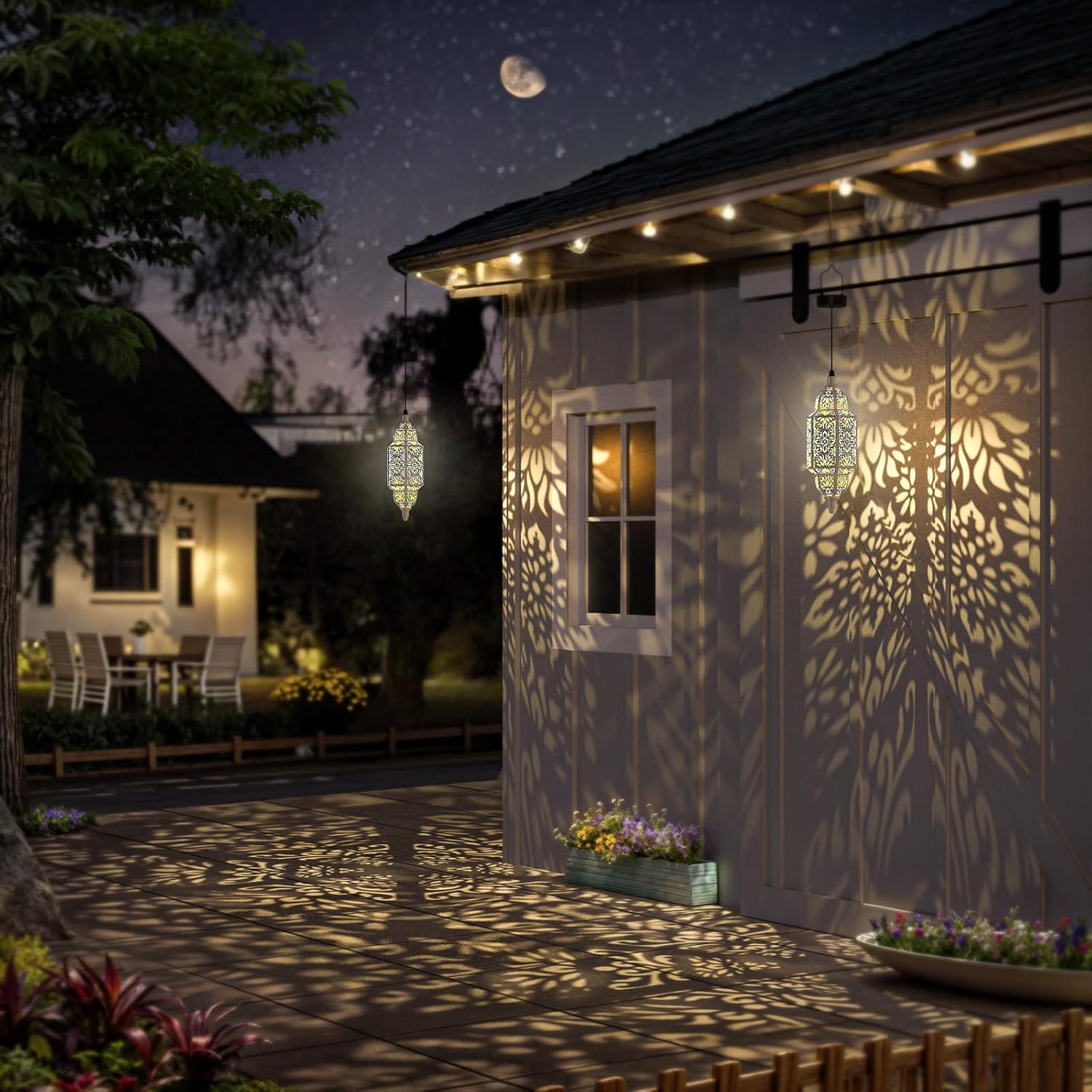 2-Piece Outdoor Solar Lantern, Colorful Moroccan Style Design, IP54 Waterproof Rating and Carved Patterns, Perfect for Decorating Garden, Patio, Walkway, or Halloween.