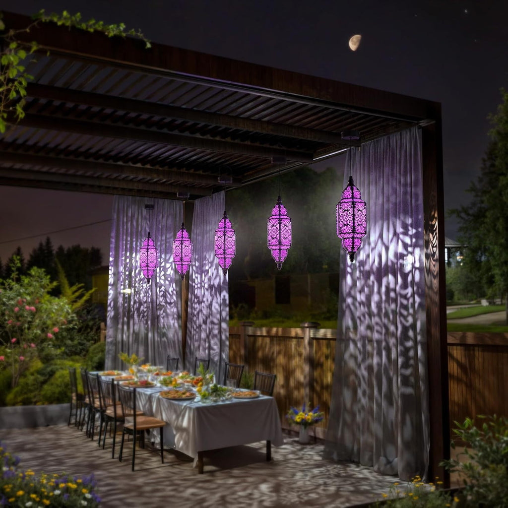 2-Piece Outdoor Solar Lantern, Colorful Moroccan Style Design, IP54 Waterproof Rating and Carved Patterns, Perfect for Decorating Garden, Patio, Walkway, or Halloween.