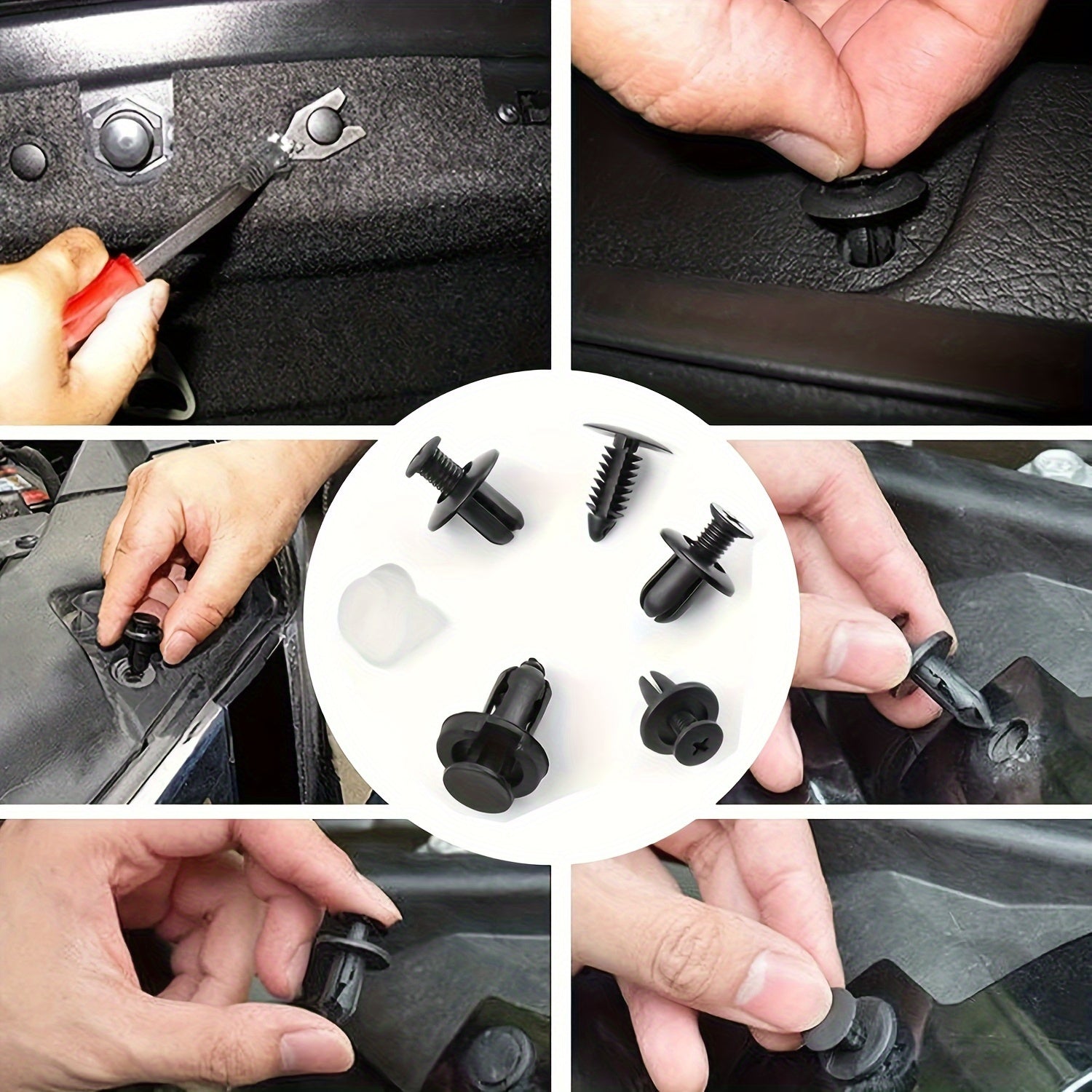 105件套汽车紧固件，含拆卸工具，采用通用尼龙塑料铆钉和卡扣，适用于车门面板和车辆装饰件维修