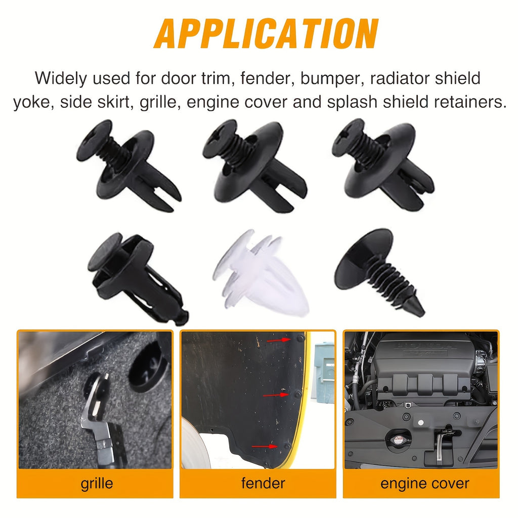 105件套汽车紧固件，含拆卸工具，采用通用尼龙塑料铆钉和卡扣，适用于车门面板和车辆装饰件维修