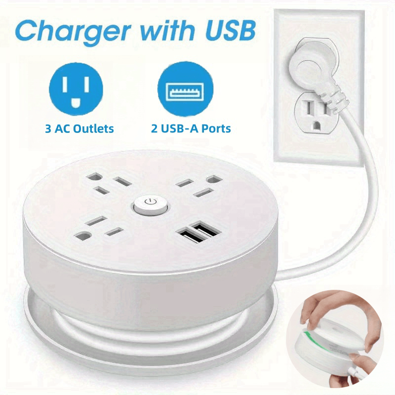 Retractable Extension Cord, Travel Power Strip with 3 AC Outlets, 2 USB Ports, Compact Portable Charging Station for Home, Office, Hotel Use