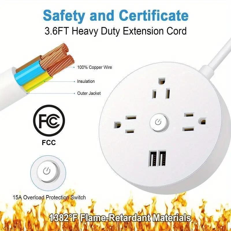 Retractable Extension Cord, Travel Power Strip with 3 AC Outlets, 2 USB Ports, Compact Portable Charging Station for Home, Office, Hotel Use