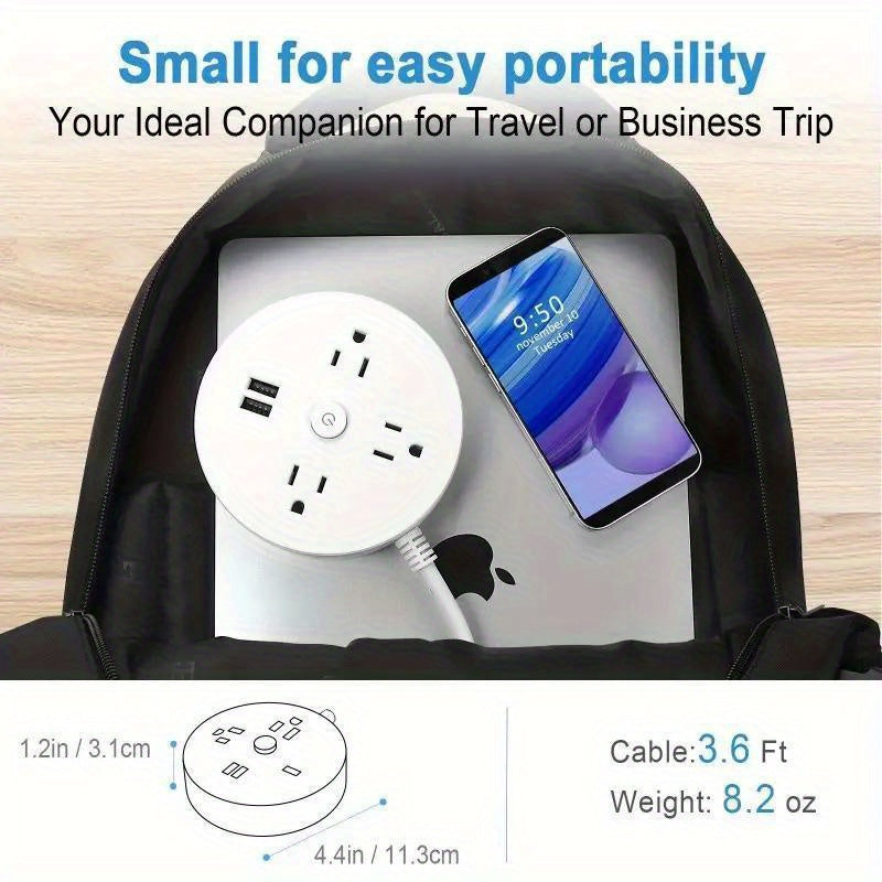 Retractable Extension Cord, Travel Power Strip with 3 AC Outlets, 2 USB Ports, Compact Portable Charging Station for Home, Office, Hotel Use