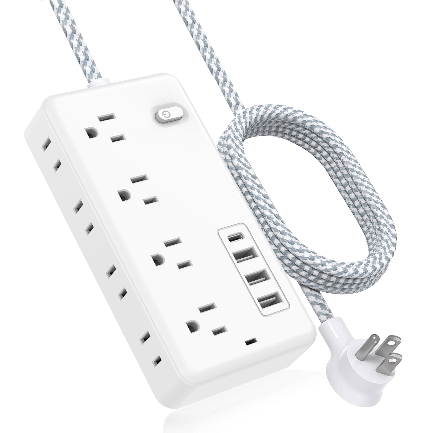 5FT/10FT Power Cord, Surge Protector with 8 AC Outlets And 3 USB And 1 Type-C Port, Compact Desktop Charging Station, Wall-Mounted, Suitable for Office, School, Dormitory
