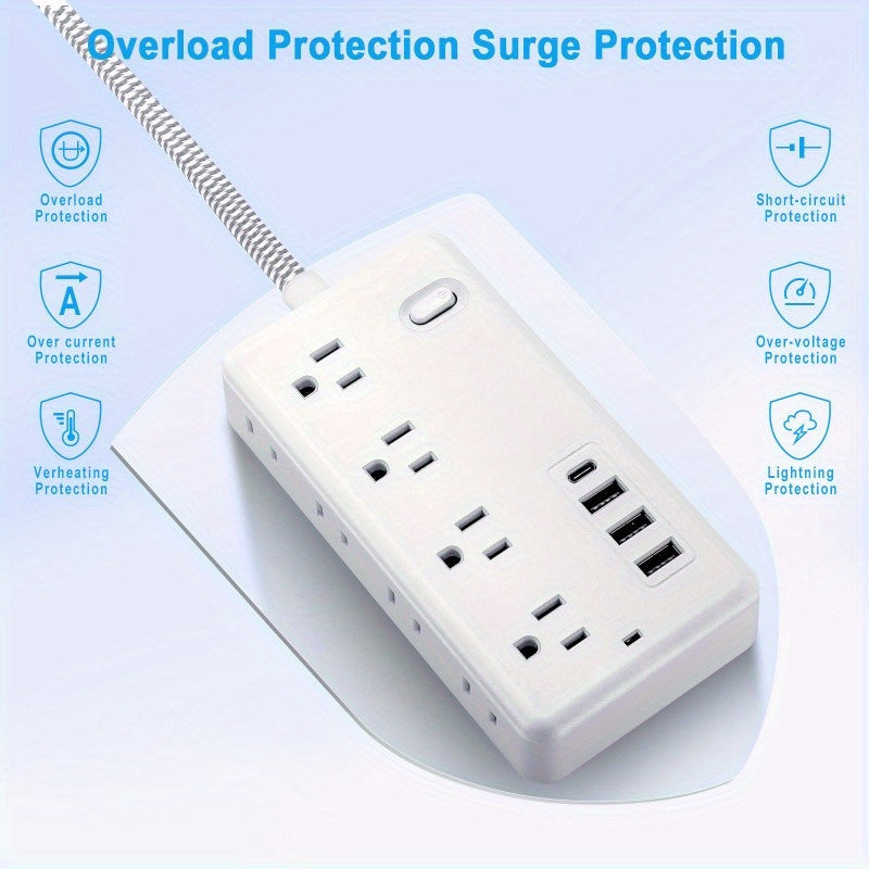 5FT/10FT Power Cord, Surge Protector with 8 AC Outlets And 3 USB And 1 Type-C Port, Compact Desktop Charging Station, Wall-Mounted, Suitable for Office, School, Dormitory