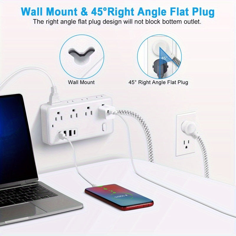 5FT/10FT Power Cord, Surge Protector with 8 AC Outlets And 3 USB And 1 Type-C Port, Compact Desktop Charging Station, Wall-Mounted, Suitable for Office, School, Dormitory