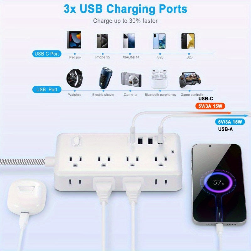 5FT/10FT Power Cord, Surge Protector with 8 AC Outlets And 3 USB And 1 Type-C Port, Compact Desktop Charging Station, Wall-Mounted, Suitable for Office, School, Dormitory
